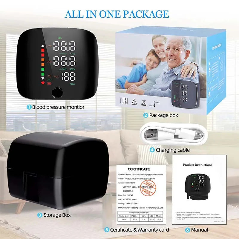LED Rechargeable Wrist Blood Pressure Monitor – Multilingual Voice Broadcast